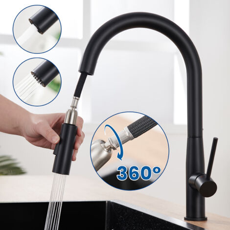 Auralum Rubinetto da Cucina Estraibile in Acciaio Inox Nero, Con lunghezza di estrazione 45cm, Girevole a 360° Miscelatore Monocomando Rubinetto da Cucina con 2 Tipi di Getto d'acqua, Nero