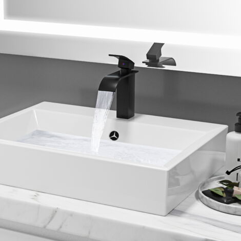 Auralum Rubinetto lavabo cascata nero, Rubinetto bagno nero cascata, Miscelatore lavabo bagno con altezza bocca 114 mm, Rubinetto Monocomando per Bagno, Acciaio inox