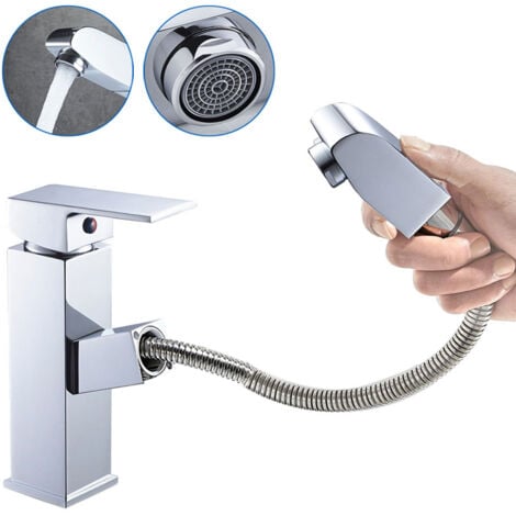 AURALUM Lavabo con Doccetta Estraibile 50cm, 2 modalità Miscelatore Monocomando per Bagno in Ottone, Rubinetto Lavabo dell'acqua calda e fredda, Aeratore Rimovibile