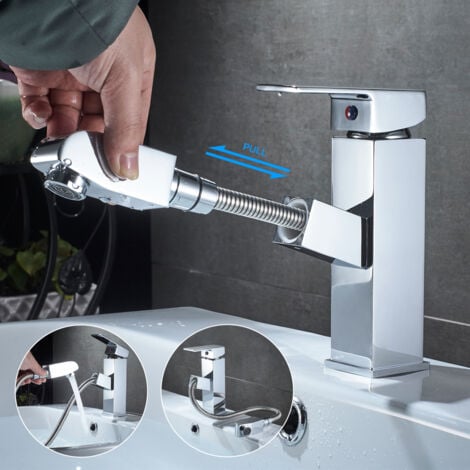 AuraLum Rubinetto Lavabo con Doccetta Estraibile 50cm, Miscelatore Monocomando Ottone per Bagno, Cromo