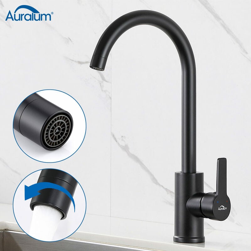 Grifo de Cocina Negro con Giro de 360°, Mezclador Fregadero con Caño Alto 255 mm, Grifo de Fregadero Monomando para Agua Caliente y Fría - Auralum