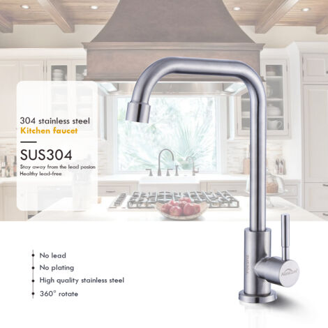 Auralum Rubinetto Singolo Fredda, Rubinetto Lavello Cucina in Acciaio inossi 304, Solo Acqua Fredda, Rubinetto Cucina Girevole a 360° per Cucina, Installazione Rapida