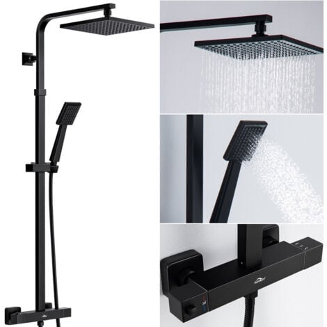 Auralum Schwarz Duschsystem mit Thermostat, Duscharmatur Duschset mit Regendusche, Handbrause und höhenverstellbar Duschstange