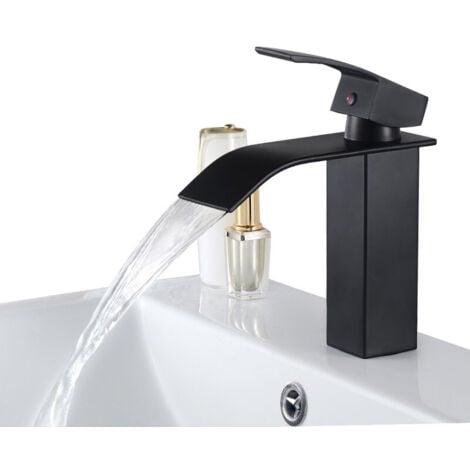 Auralum Schwarz Messing Waschtischarmatur Wasserfall Wasserhahn Bad Waschbeckenarmatur Badarmatur Einhebelmischer Armatur Bad Mischbatterie für Badezimmer