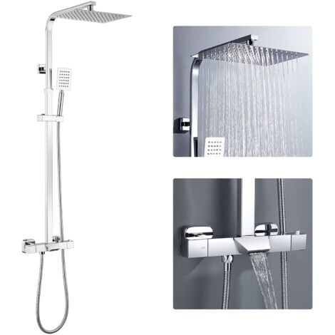 Auralum Sistema de ducha con termostato, grifería para bañera, ducha tipo lluvia, teleducha, columna de ducha regulable en altura 985 - 1295 mm