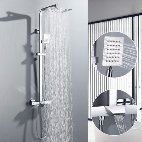 Auralum Sistema de ducha Grifo de ducha de 3 funciones para baños/bañeras Ducha de lluvia con grifo termostático, alcachofa de mano, barra de ducha ajustable