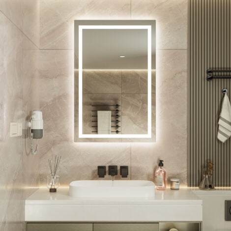 Auralum Specchio da bagno 80 x 60 cm con touch control, 3 colori di luce, dimmerabile, antiappannamento, impermeabile IP64