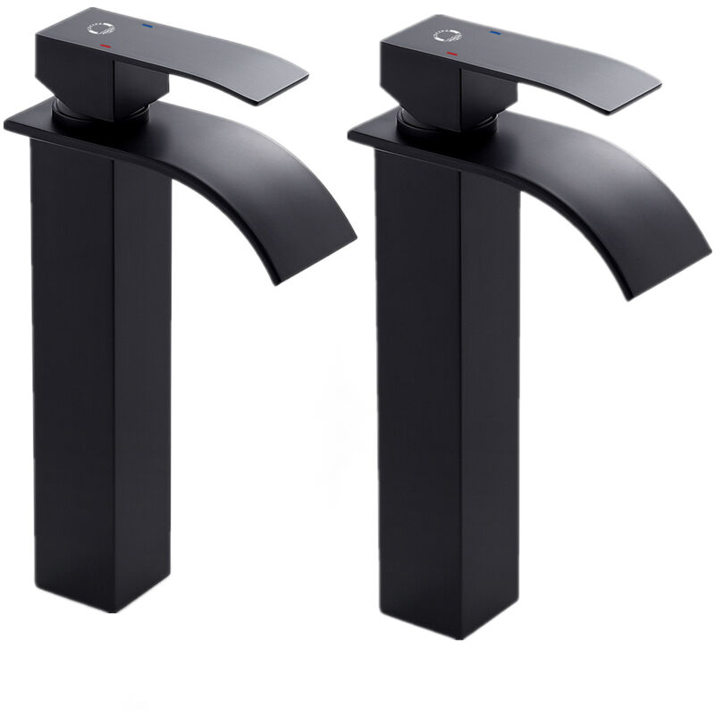 2PCS CECIPA Noir Robinet Cascade avec Haut Bec Mitigeur Lavabo Haut Mono-trou Robinetterie Lave-mains avec Levier Unique en Cuivre Mélangeur l'Eau
