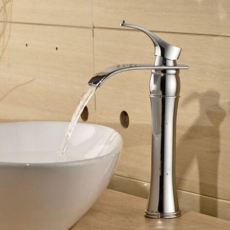 Auralum Wasserhahn Bad, Waschtischarmaturen mit Hoher Wasserfall Auslauf für Badezimmer Waschbecken, Chrom