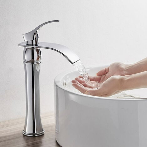 Auralum Wasserhahn Bad Wasserfall Waschtischarmatur Hoch Wasserhahn Bad aus Messing Chrom Armatur Waschbecken Einhebelmischer Mischbatterie für Badezimmer
