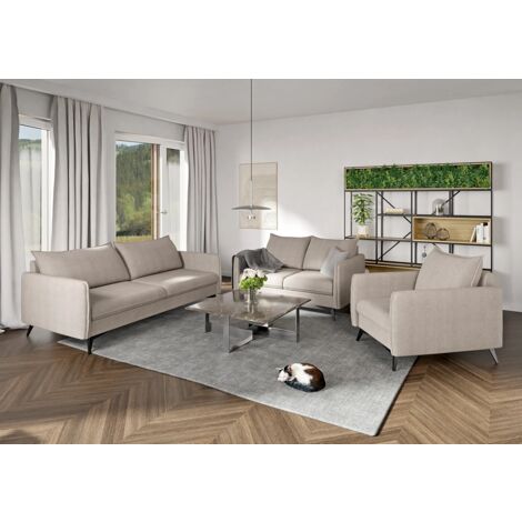 Auris - Moderne Polstergarnitur 3+2+1 mit Schwarz Metall Füßen aus Beige Luxusmikrofaser