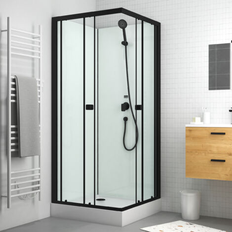 Aurlane – Cabine de douche carrée 80x192.5x80 cm – Aluminium noir mat – Verre trempé 4 mm – 2 portes coulissantes – Receveur acrylique renforcé