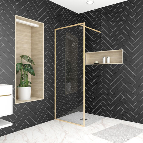 Aurlane – Paroi de douche 80x200 cm – Verre trempé 6 mm – Aluminium finition or brossé – Installation réversible – Bras extensible 70-100 cm