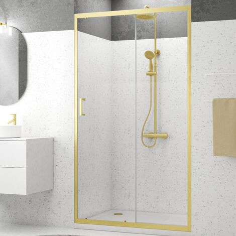 Aurlane – Porte de douche coulissante 120x200cm – Verre trempé 6mm – Profilés or brossé – Accès facile avec ouverture 49cm – Installation réversible