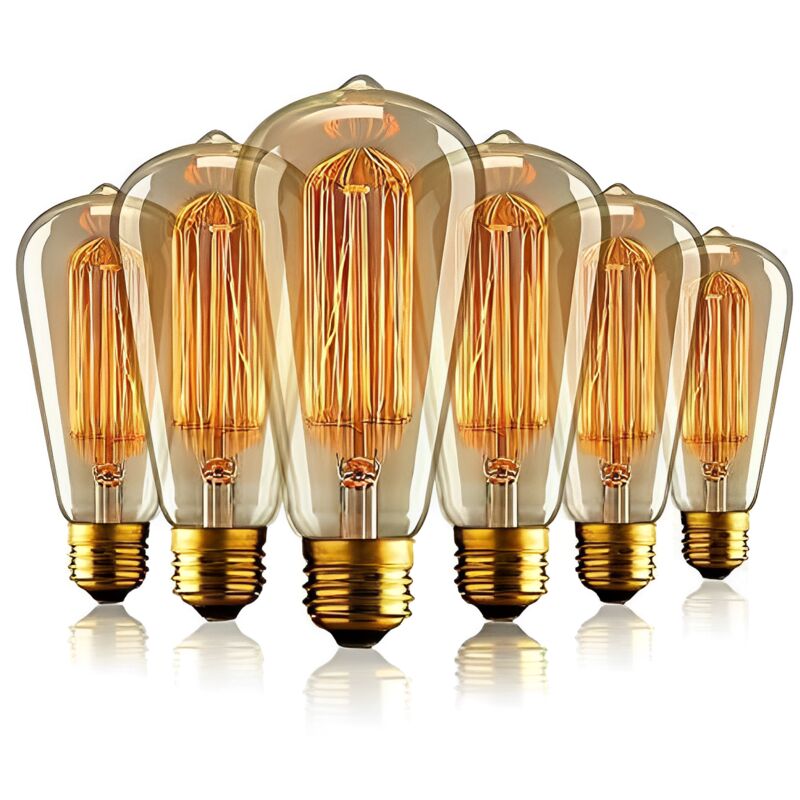 E27 Edison Ampoule Vintage, E27 Ampoules à incandescence Rétro,ST64 220-240V 40W Edison Ampoule Antique Lampe Blanc Chaud- (6pack)
