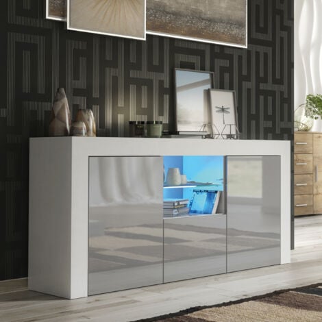 OLIVIA FURNITURE Aurora Sideboard 145cm - White with Grey Gloss Doors & LED