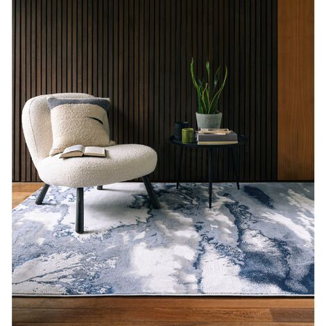 Aurora Storm Marbled Rug for Living Room Bedroom Lounge Quality Modern Abstract Soft Silky Shiny Blue Grey Rug in Medium 120x170 cm (4'x5'6")