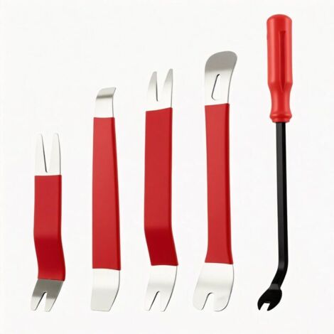 Ausbauwerkzeug-Set für Fahrzeuge, 5-teiliges Set aus Metallkeilen für Verkleidungen + Hebewerkzeug, Reparaturset für Türverkleidungen und Zierleisten, Rot