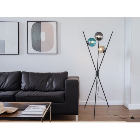 DEFIBRICO Ausgefallene Dreibein Stehleuchte LANCE mit bunten Glaskugeln, Höhe 156cm