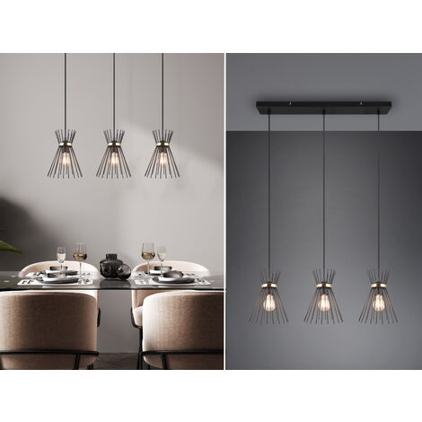 Ausgefallene LED Pendelleuchte 3 Draht Lampenschirme Schwarz-Gold, Breite 82cm