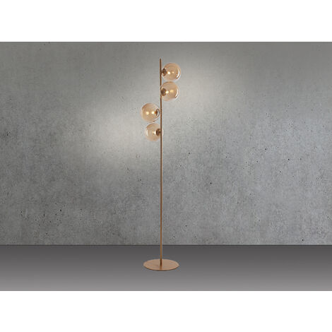 Ausgefallene LED Stehleuchte Messing - Glaskugeln Amber, Höhe 160cm