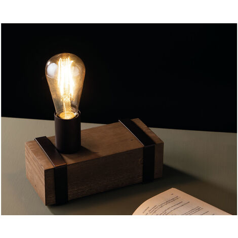 Ausgefallene Vintage Industriedesign Tischlampe TEXAS 1 flammig mit Holzbalken
