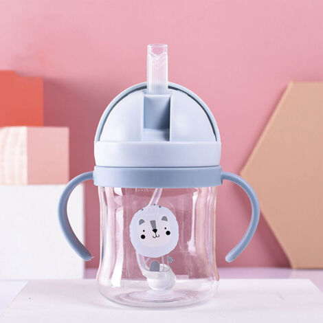 Auslaufsicherer 250-ml-Becher mit beschwertem Strohhalm und Griffen, blaues Tiermotiv für Kinder