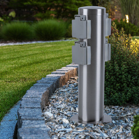 Außen Steckdosensäule 4x Steckdosen mit Klappdeckel Edelstahl 4-fach Verteilersteckdose, IP44 Schutzklasse 1, Durchmesser x Höhe 7,5 x 35 cm, Garten Außenbereich