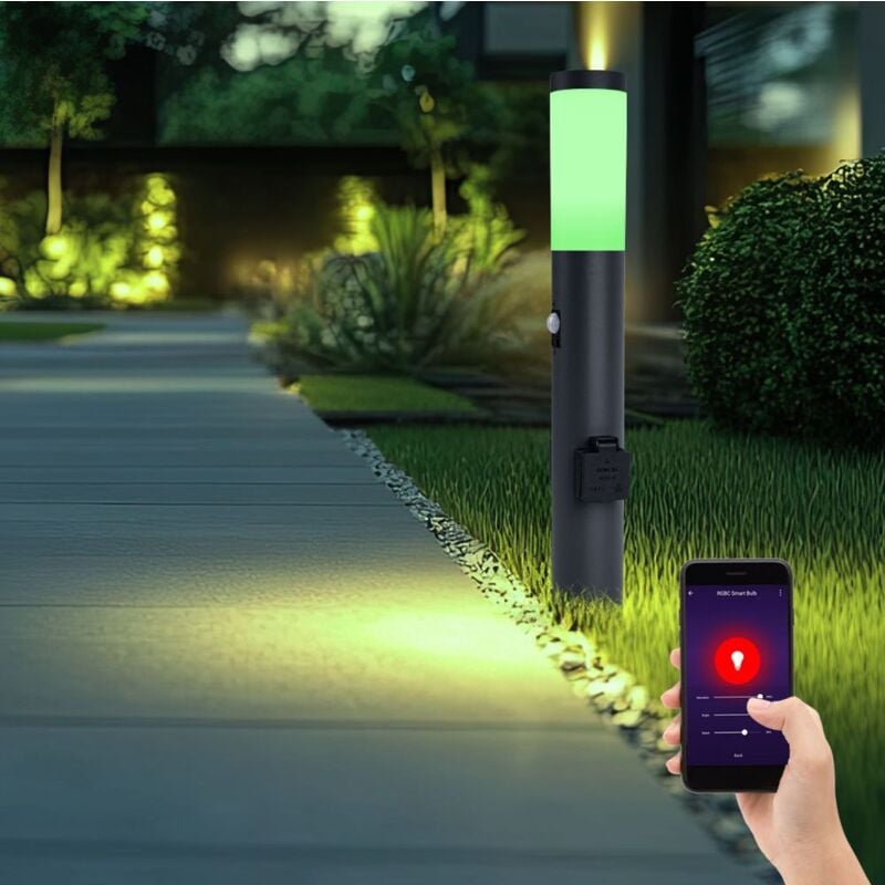 Smart led Außenleuchte dimmbar Stehleuchte mit Bewegungsmelder Edelstahl anthrazit, Farbwechsel, mit 2 Steckdosen, IP44, 10W 806, warmweiß-kaltweiß,