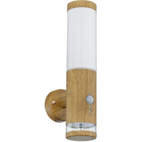 Außenlampe Bewegungsmelder Edelstahl Aussenleuchte mit Bewegungsmelder Wandlampe Aussen Edelstahl, Holz Optik mit Deko LED, 1x E27, BxH 8,5 x 35 cm
