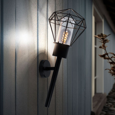 Außenleuchte Wandleuchte IP44 Gartenlampe Fackel schwarz Vintage Wandlampe, Diamant Gitteroptik, Edelstahl Metall, E27 Fassung, HxBxÜ 28,5x22,5x28,5 cm