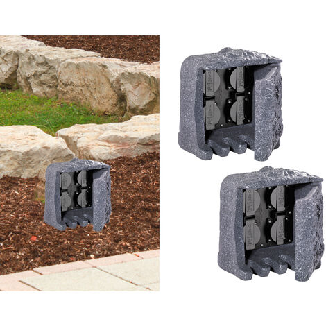 Außensteckdose Steinoptik 4 fach 2er Set Gartensteckdose IP44 - 5m Zuleitung