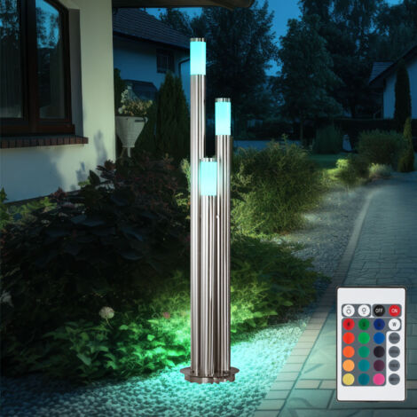 Außenstehlampe dimmbar mit Fernbedienung Außen Edelstahl LED Stehleuchte Wegeleuchte, RGB Farbwechsel 3 silberne Säulen,3x 9Watt 3x 806lm warmweiß ,DxH 28x170 cm