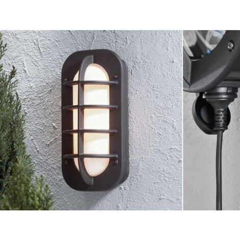 Außenwandleuchte LOKE mit Steckdose, Alu Schwarz & Opalglas, Höhe 36cm