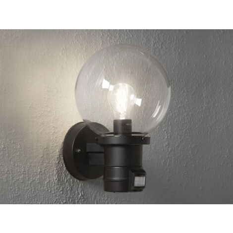 Außenwandleuchte NEMI mit Bewegungsmelder, Schwarz mit Glas Kugel Ø 20cm