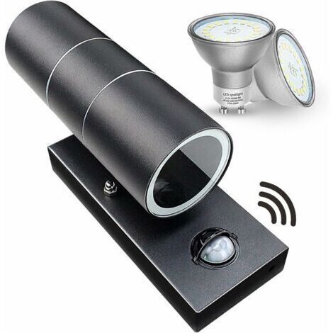 Außenwandleuchten mit Bewegungsmelder, PIR-Sensor für Außenbereiche, Wandleuchte mit Beleuchtung von oben und unten, Schutzart IP44, mattschwarze Sicherheitsleuchten, 240 V – inklusive 2 x 5 W LED-Lam