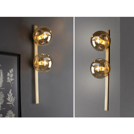 Außergewöhnliche LED Wandlampe Messing 2 flammig Glaskugel Amber, Höhe 60cm