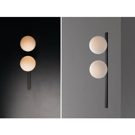 Außergewöhnliche LED Wandlampe Schwarz 2 flammig Kugel Opalglas Weiß, Höhe 60cm