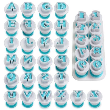 Ausstechform des Chiffres et des Lettres Fondant Keksausstecher Alphabet Tortendeko Backzubehör Set d'Éjection de Tampon Biscuit pâte d'amande Réutilisable