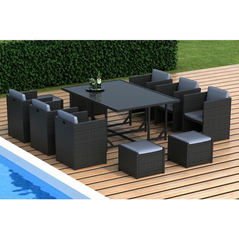 Austin - Salon de jardin encastrable 10 places - en résine tressée - Noir avec coussins gris - qualite premium garantie