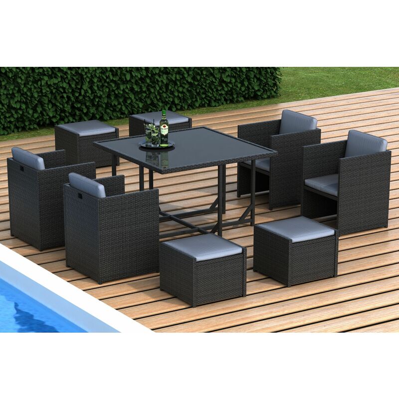 Austin - Salon de jardin encastrable 8 places - en résine tressée - Noir avec coussins gris - qualite premium garantie