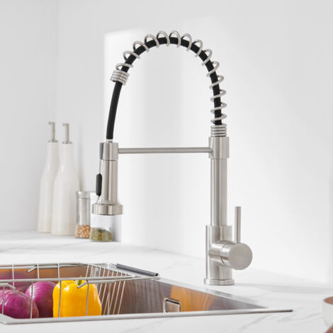 Ausziehbar Wasserhahn Küche Spiralfederarmatur mit 2 Strahlarten, 360° drehbar Küchenarmatur Hochdruck Spültischarmatur aus Edelstahl, Gebürstet