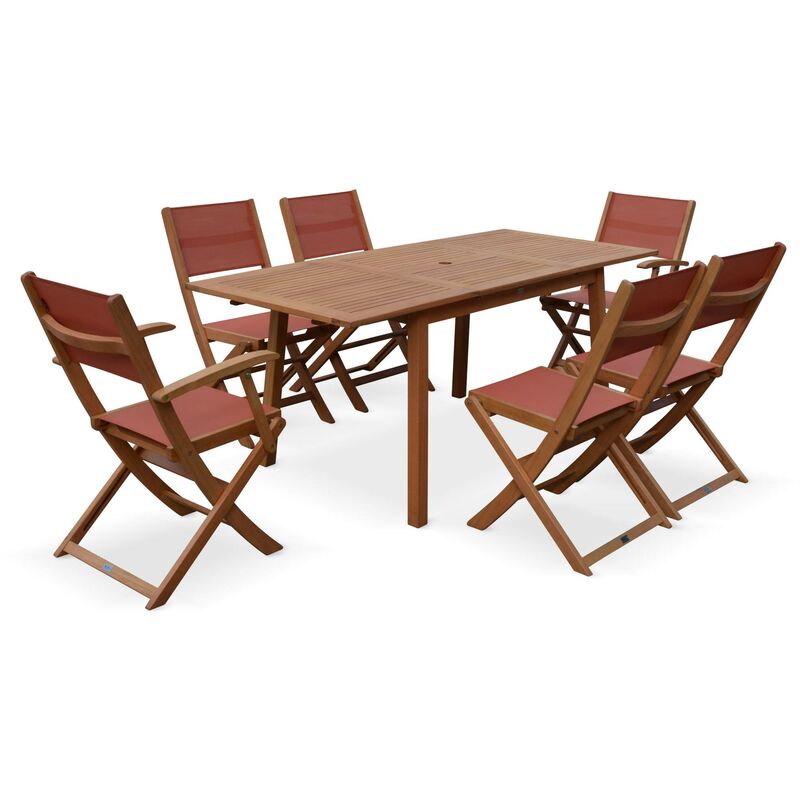 Sweeek - Ausziehbarer Gartentisch Aus Holz , 6 Stühle Holzfarben / Terrakotta