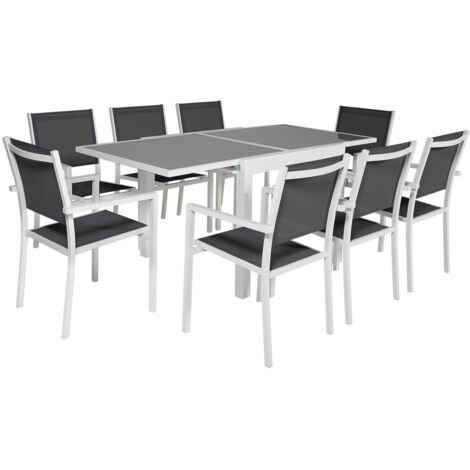Ausziehbare Gartenmöbel LAMPEDUSA aus grauem Textilene, 8 Sitzplätze - Weißaluminium