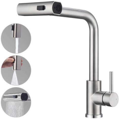 Ausziehbare Küchenarmatur mit 3 Strahlarten, Spültischarmatur mit ausziehbarem Brausekopf, um 360° schwenkbare Küchenarmatur, Küchenmischer aus gebürstetem Edelstahl