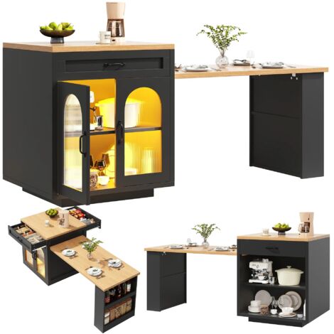 Ausziehbare Kücheninsel mit LED-Beleuchtung, moderner Küchenschrank mit 2 Schubladen und verstellbaren Einlegeböden, Sideboard mit geriffelten Glastüren, MDF-Küchenarbeitsplatte für den Essbereich,Sch