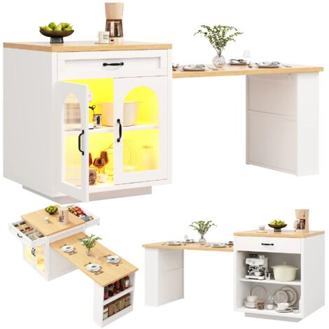 Ausziehbare Kücheninsel mit LED-Beleuchtung, moderner Küchenschrank mit 2 Schubladen und verstellbaren Einlegeböden, Sideboard mit geriffelten Glastüren, MDF-Küchenarbeitsplatte für den Essbereich,wei