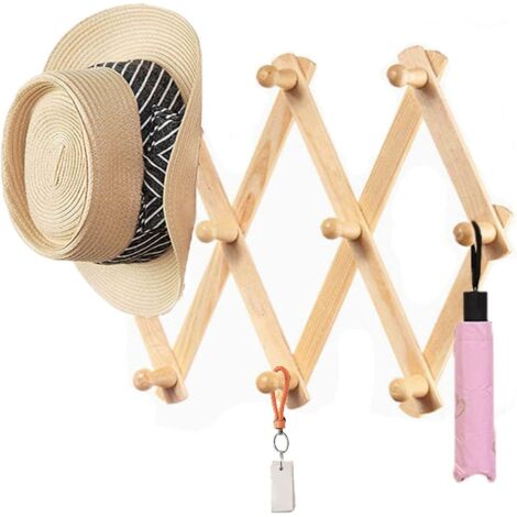 Ausziehbare, wandmontierte Garderobe aus Holz mit zehn vertikalen Clips, platzsparende Aufbewahrung für Kleidung und Accessoires im Eingangsbereich