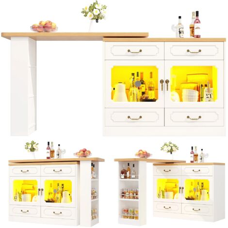 Ausziehbarer Bartisch mit Stauraum(135-203×39×92.8cm) , 360° drehbare Essbar, geeignet für Schlafzimmer, Wohnzimmer, Esszimmer, Teleskopischer Bartisch mit LED, Hochtisch Kücheninsel, Weiß