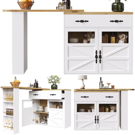 Ausziehbarer Bartisch mit Stauraum(138-204×39×104cm) , 360° drehbare Essbar,Moderner Beweglicher Bar Table,Hochtisch Kücheninsel Bistro Table, Sideboardschrank mit Regalen, weiß
